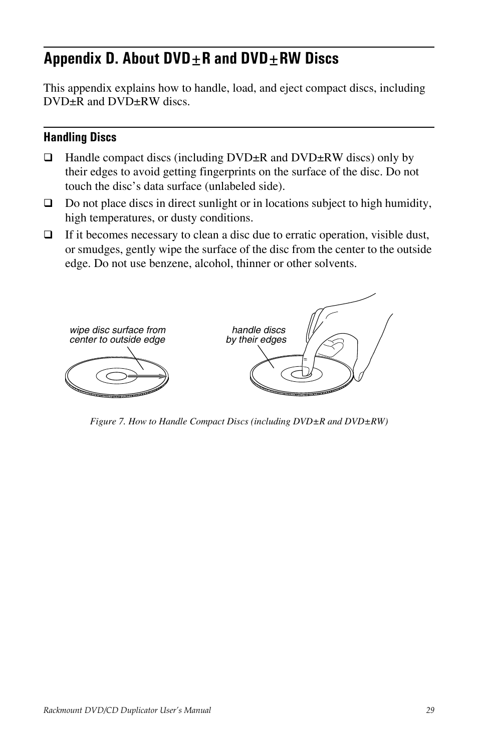 Appendix d. about dvd±r and dvd±rw discs, Handling discs | Tascam DV-W11R User Manual | Page 37 / 40