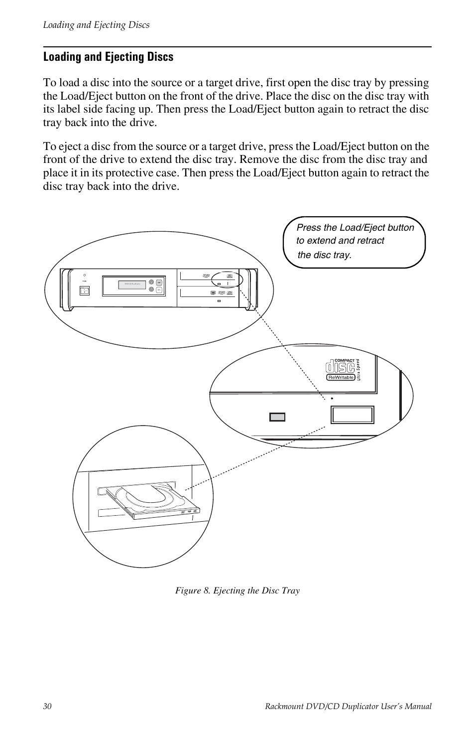 Loading and ejecting discs, Figure 8. ejecting the disc tray | Tascam DV-W11R User Manual | Page 38 / 40