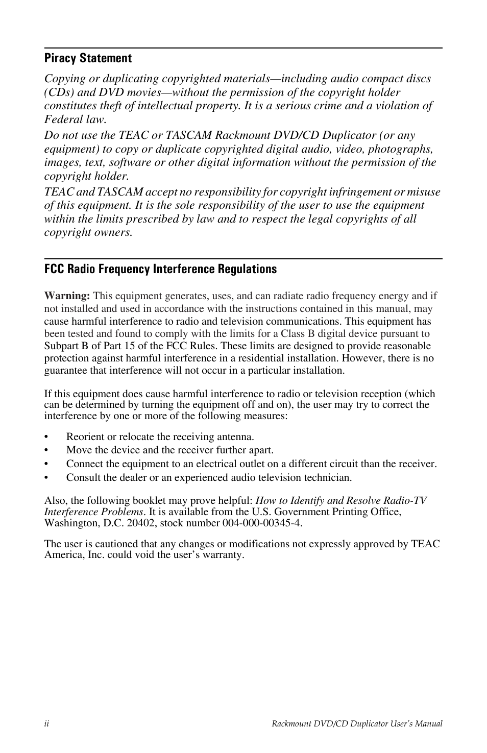 Piracy statement, Fcc radio frequency interference regulations | Tascam DV-W11R User Manual | Page 4 / 40