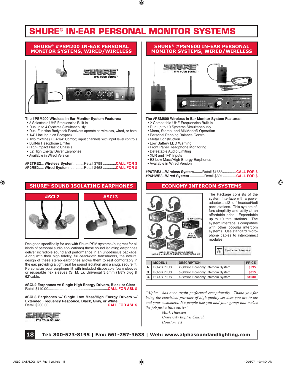 Shure, In-ear personal monitor systems | Tascam CD-VT2 User Manual | Page 2 / 8