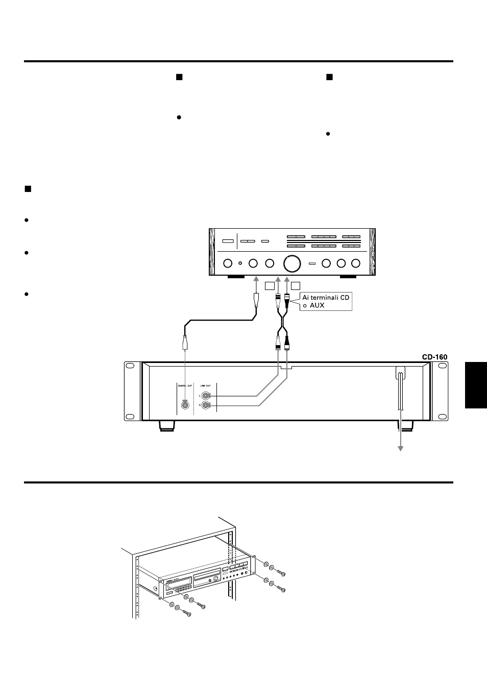 Collegamenti, Installazione su rack | Tascam CD-160 User Manual | Page 29 / 52