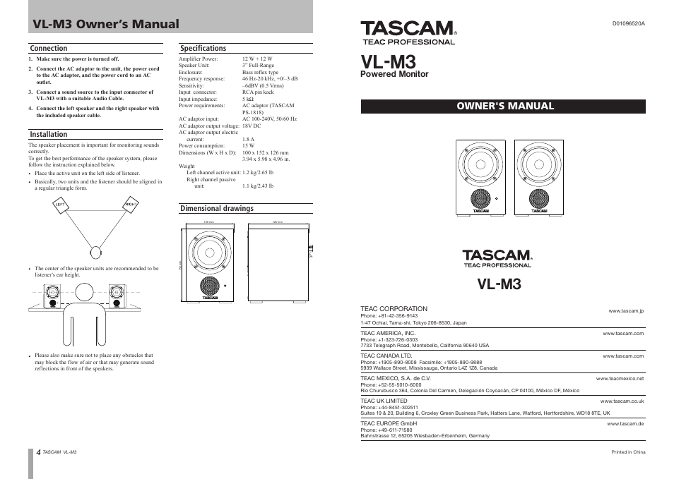 Tascam VL-M3 User Manual | 2 pages