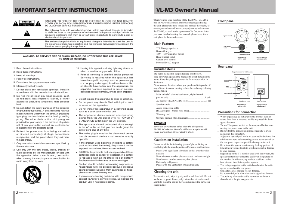 Important safety instructions vl-m3 owner’s manual | Tascam VL-M3 User Manual | Page 2 / 2