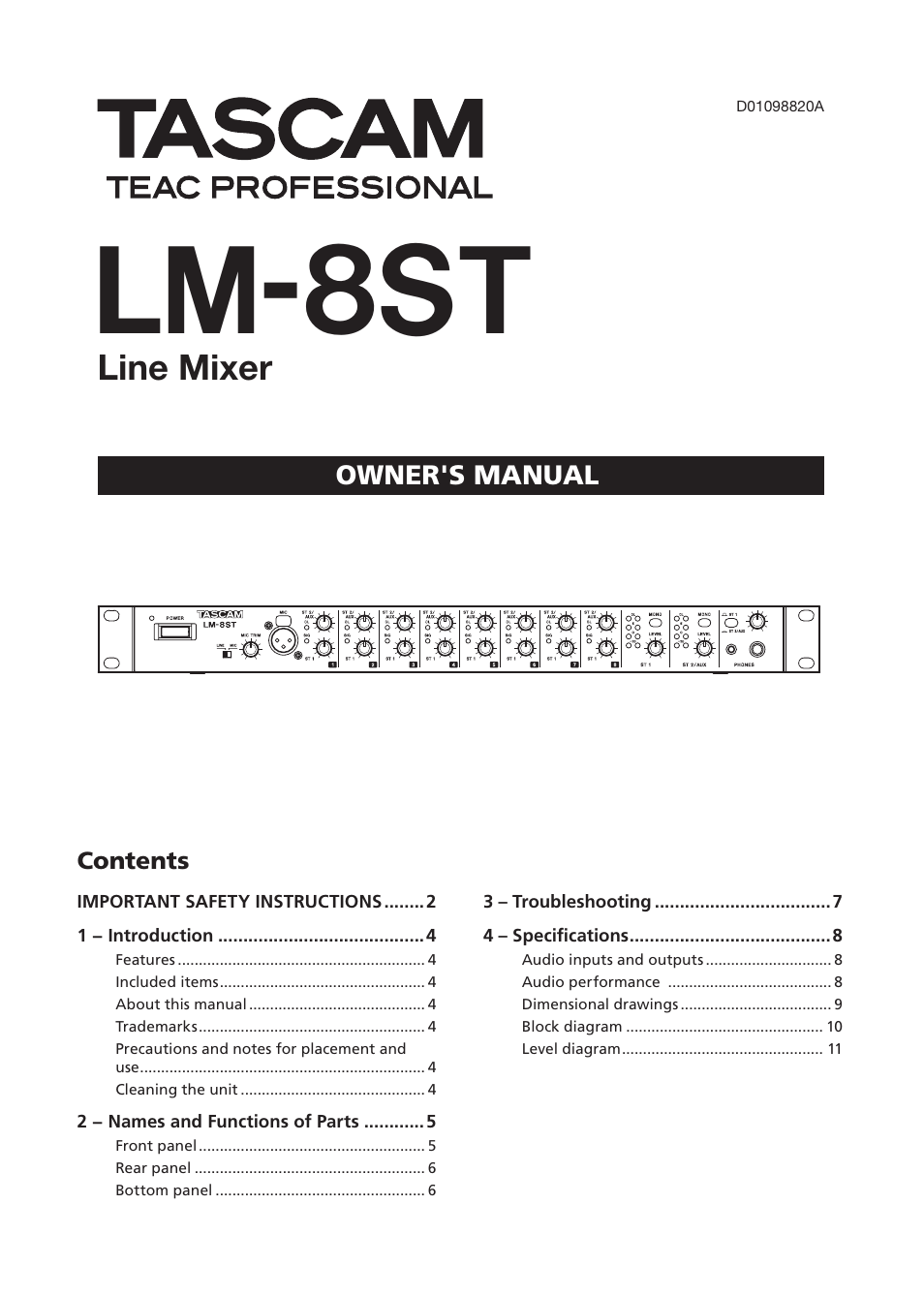 Tascam LM-8ST User Manual | 12 pages