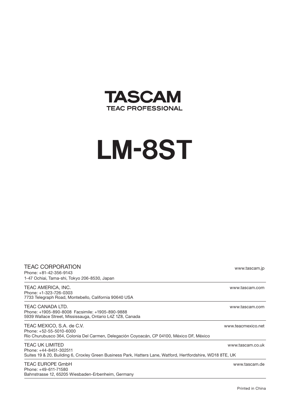 Lm-8st | Tascam LM-8ST User Manual | Page 12 / 12