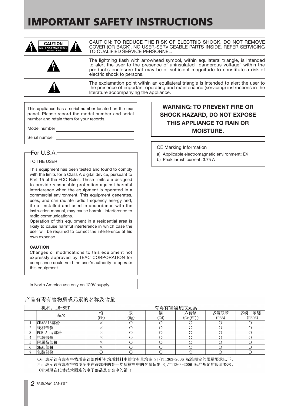 Important safety instructions | Tascam LM-8ST User Manual | Page 2 / 12