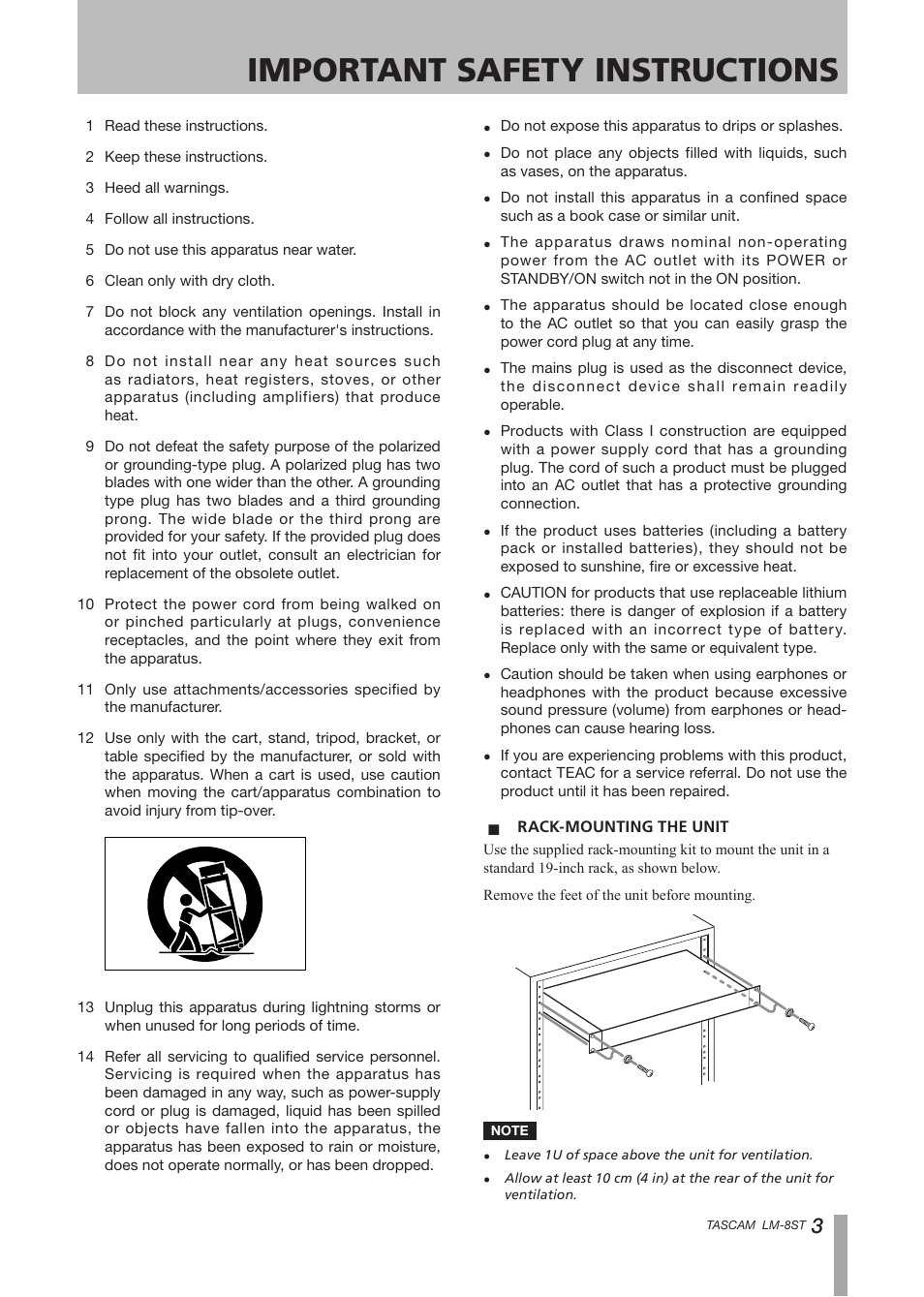 Important safety instructions | Tascam LM-8ST User Manual | Page 3 / 12