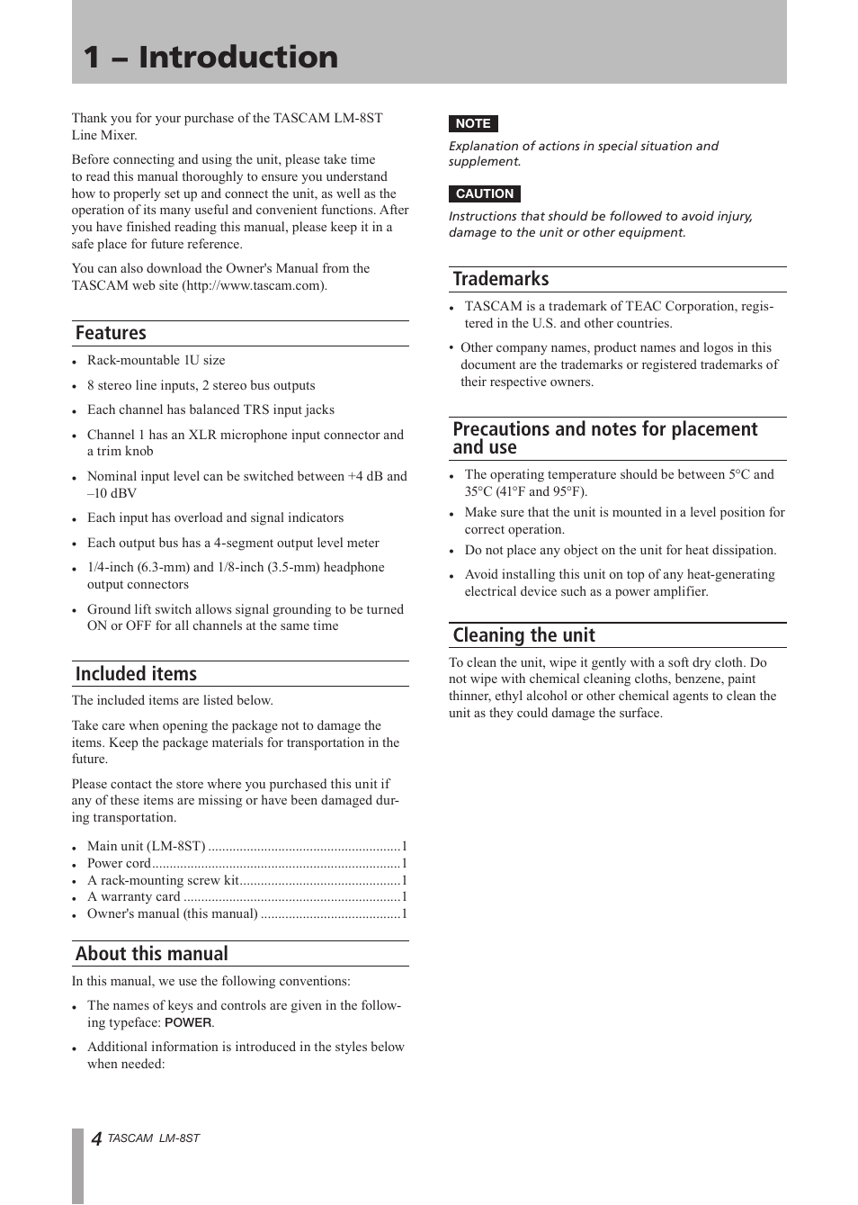 1 − introduction, Features, Included items | About this manual, Trademarks, Precautions and notes for placement and use, Cleaning the unit, Use cleaning the unit | Tascam LM-8ST User Manual | Page 4 / 12