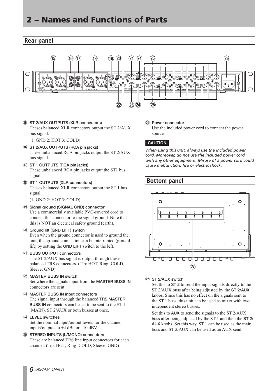 Rear panel, Bottom panel, Rear panel bottom panel | 2 − names and functions of parts | Tascam LM-8ST User Manual | Page 6 / 12