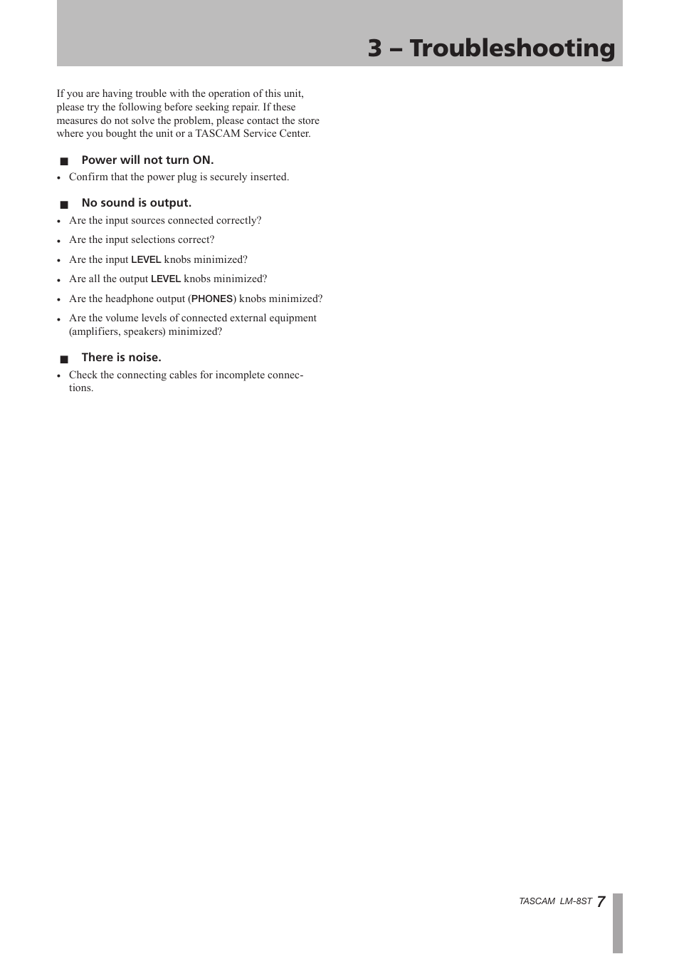 3 – troubleshooting | Tascam LM-8ST User Manual | Page 7 / 12