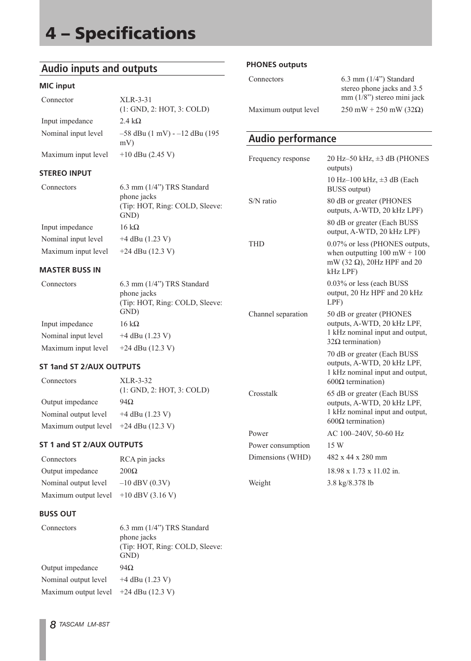 4 – specifications, Audio inputs and outputs, Audio performance | Audio inputs and outputs audio performance | Tascam LM-8ST User Manual | Page 8 / 12