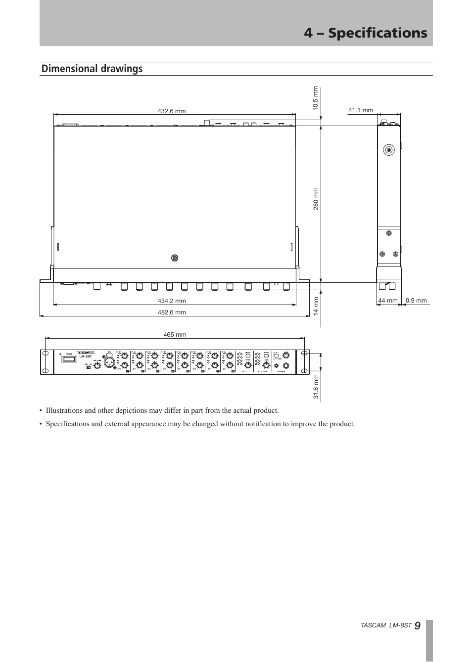 Dimensional drawings, 4 – specifications | Tascam LM-8ST User Manual | Page 9 / 12