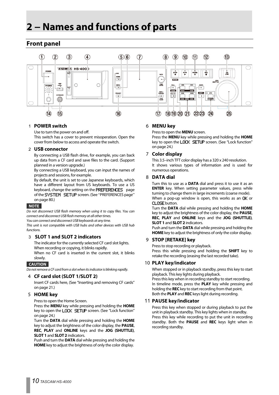 2 − names and functions of parts, Front panel | Tascam HS-4000 User Manual | Page 10 / 108