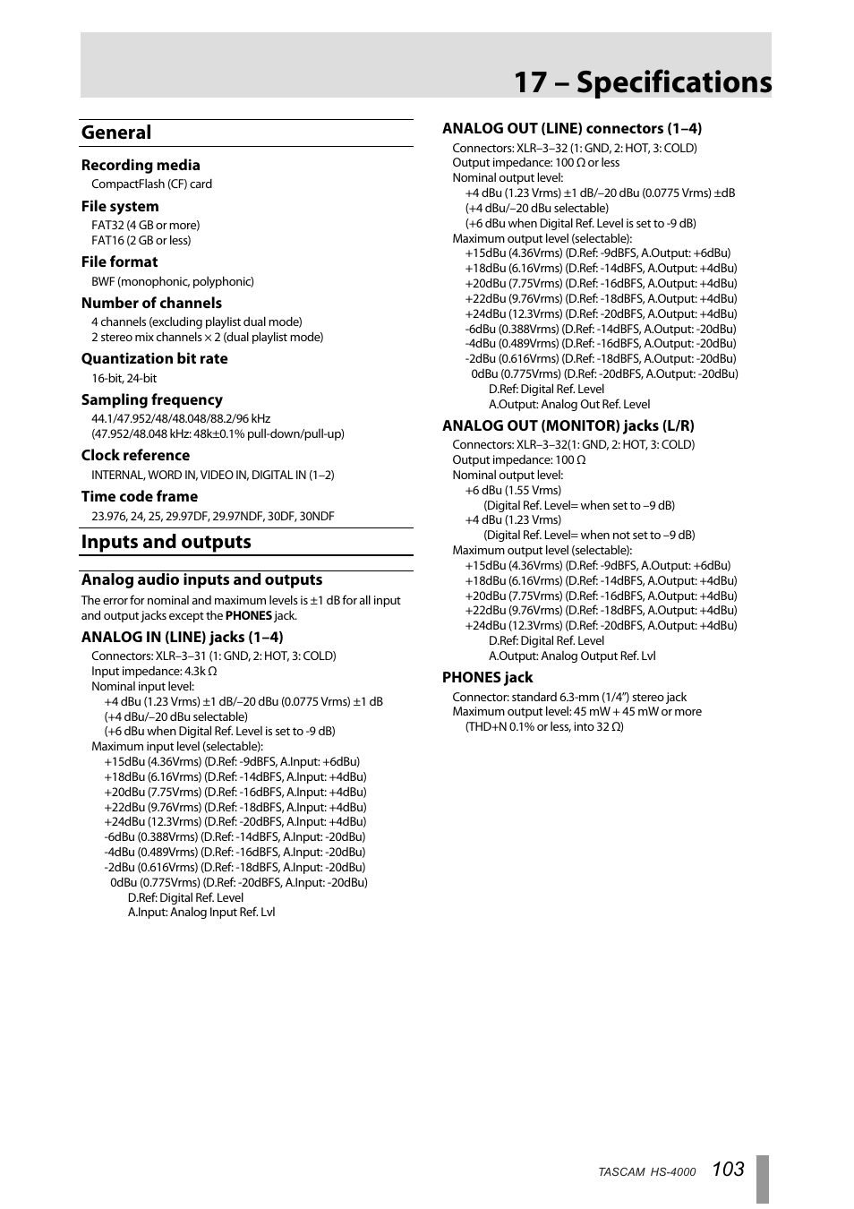 17 – specifications, General, Inputs and outputs | Analog audio inputs and outputs | Tascam HS-4000 User Manual | Page 103 / 108