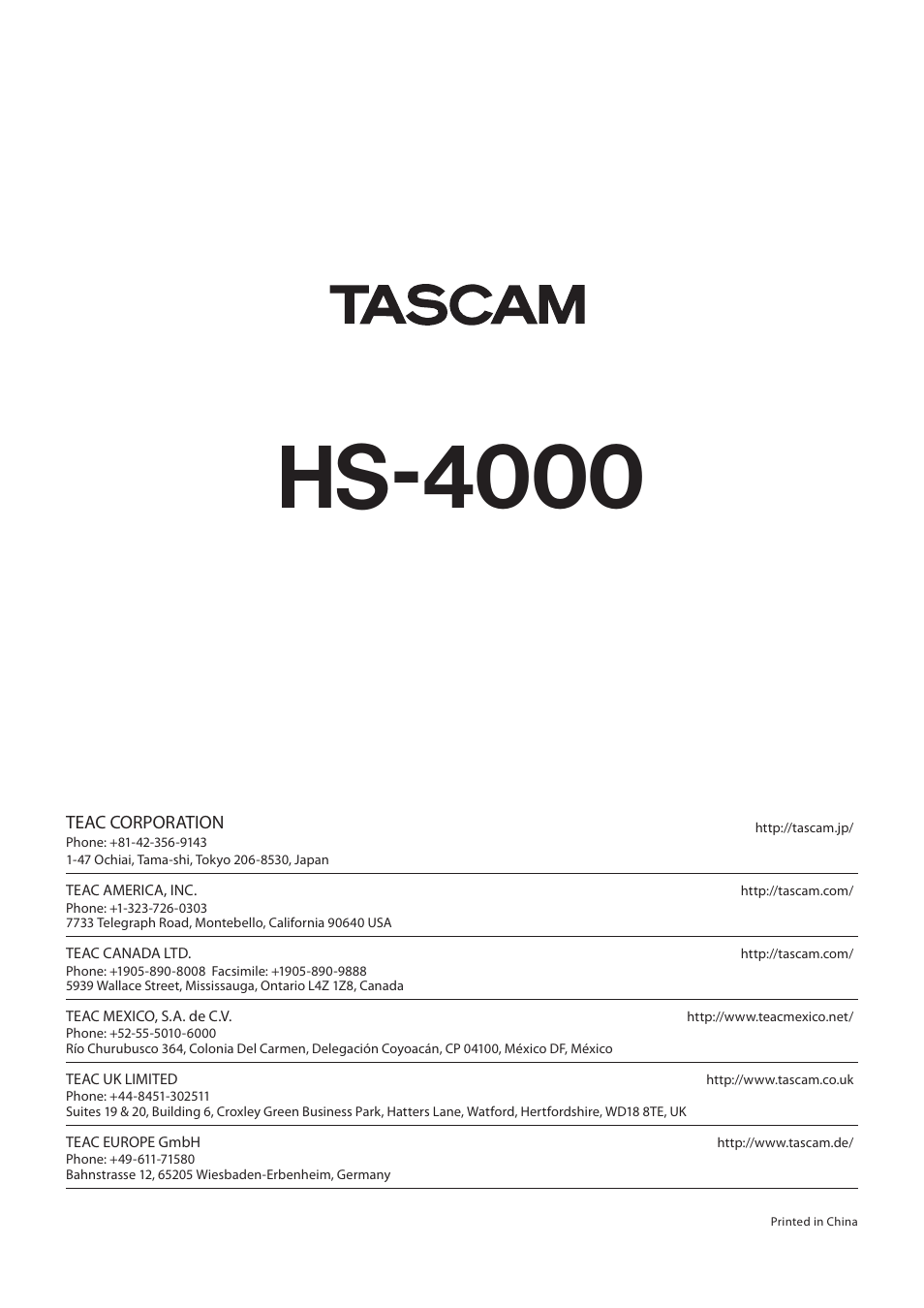 Hs-4000 | Tascam HS-4000 User Manual | Page 108 / 108