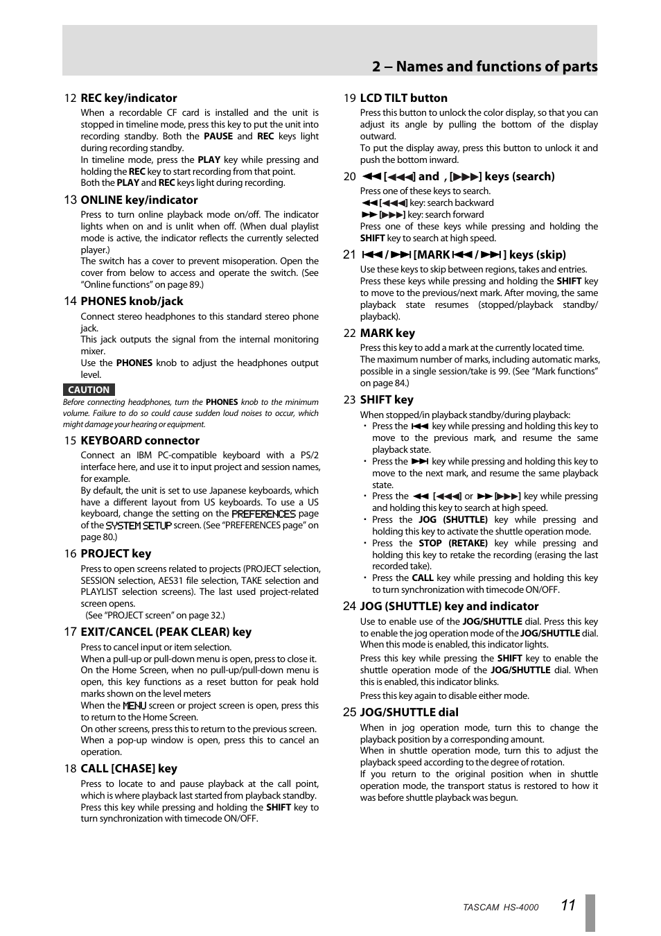 2 − names and functions of parts | Tascam HS-4000 User Manual | Page 11 / 108