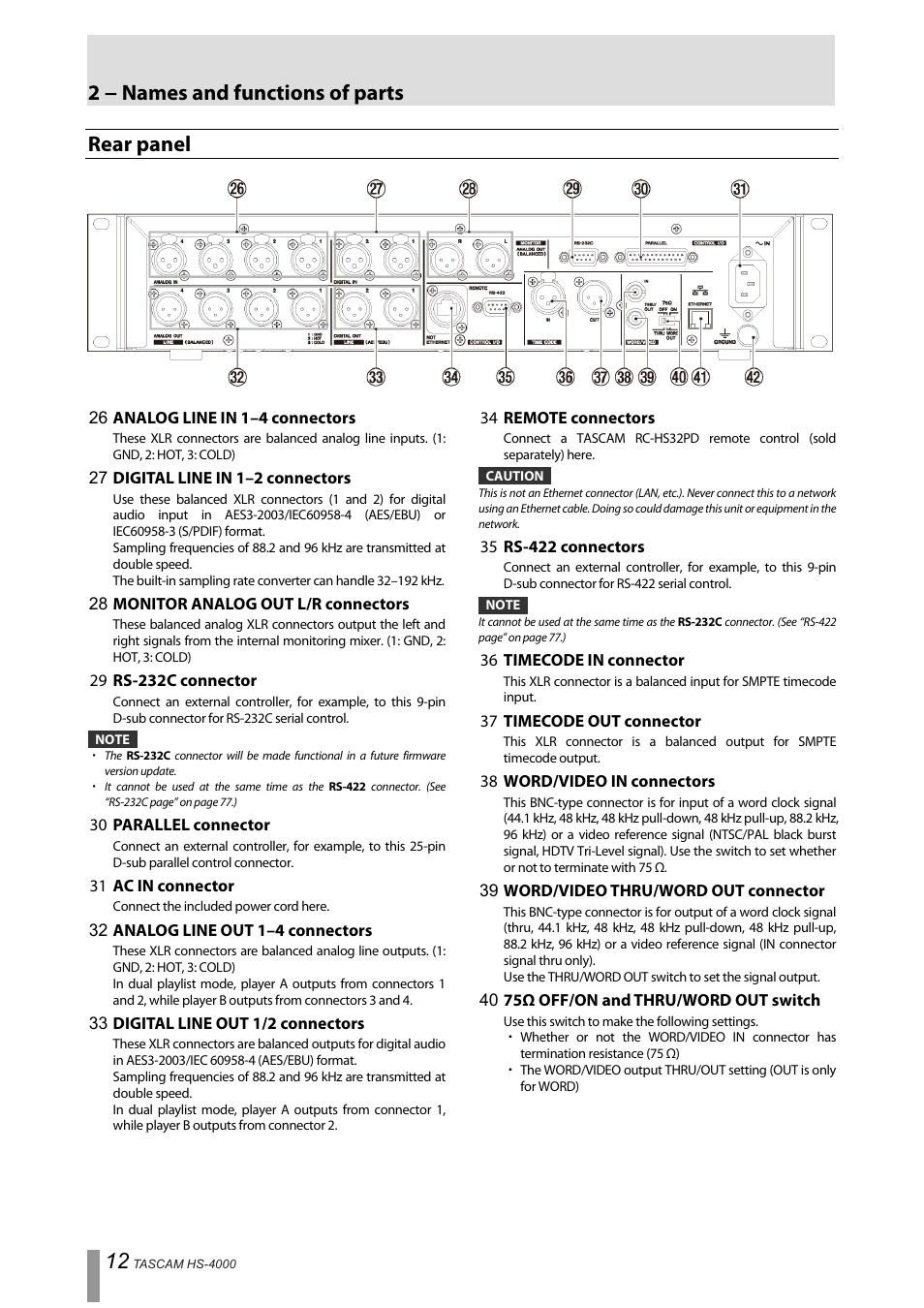 Rear panel, 2 − names and functions of parts | Tascam HS-4000 User Manual | Page 12 / 108