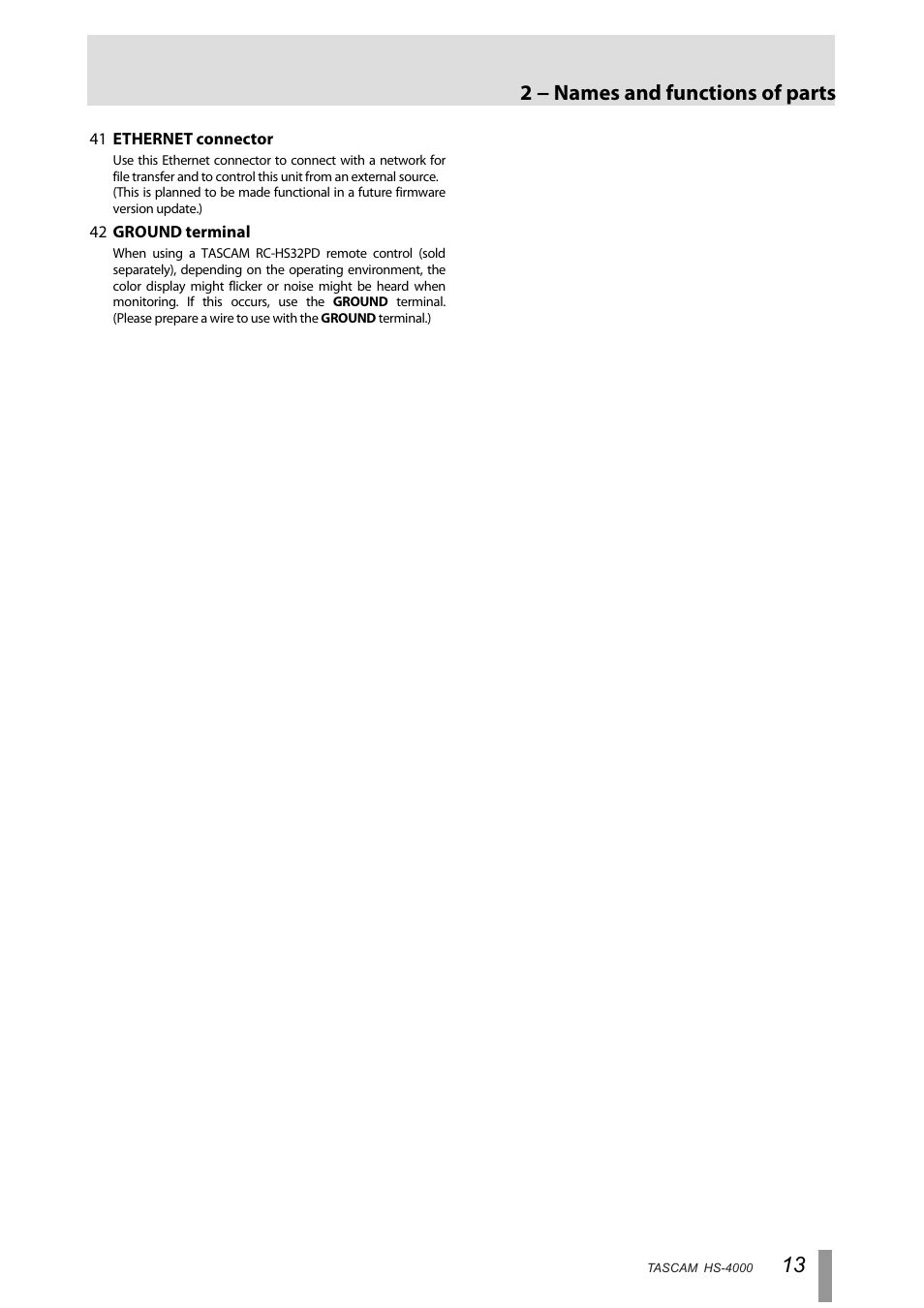 2 − names and functions of parts | Tascam HS-4000 User Manual | Page 13 / 108