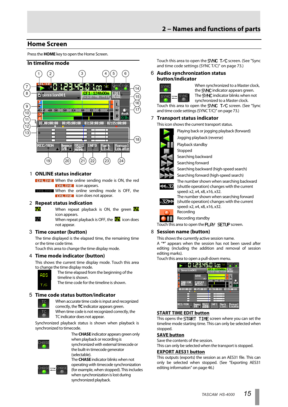 Home screen, In timeline mode, 2 − names and functions of parts | Tascam HS-4000 User Manual | Page 15 / 108