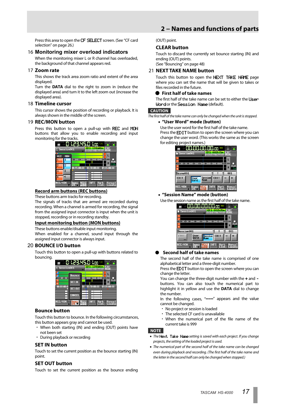 2 − names and functions of parts | Tascam HS-4000 User Manual | Page 17 / 108