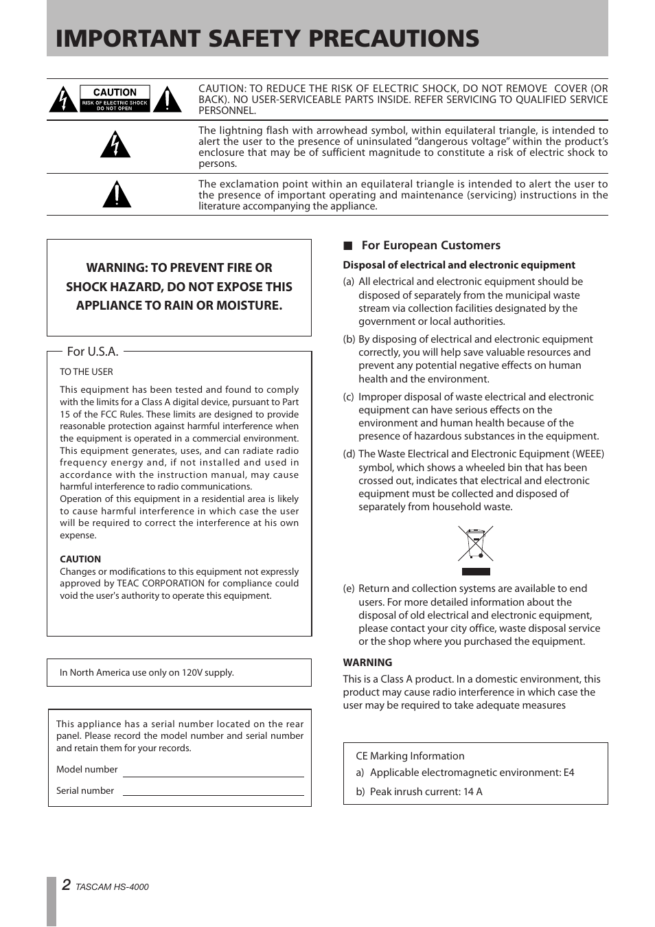 Important safety instructions, Important safety precautions | Tascam HS-4000 User Manual | Page 2 / 108