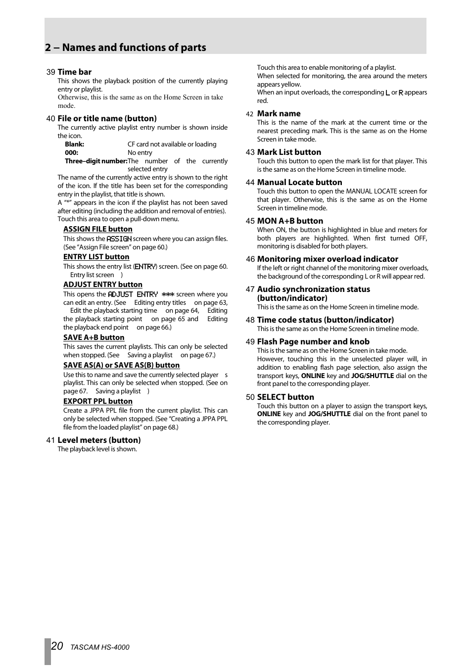 2 − names and functions of parts | Tascam HS-4000 User Manual | Page 20 / 108