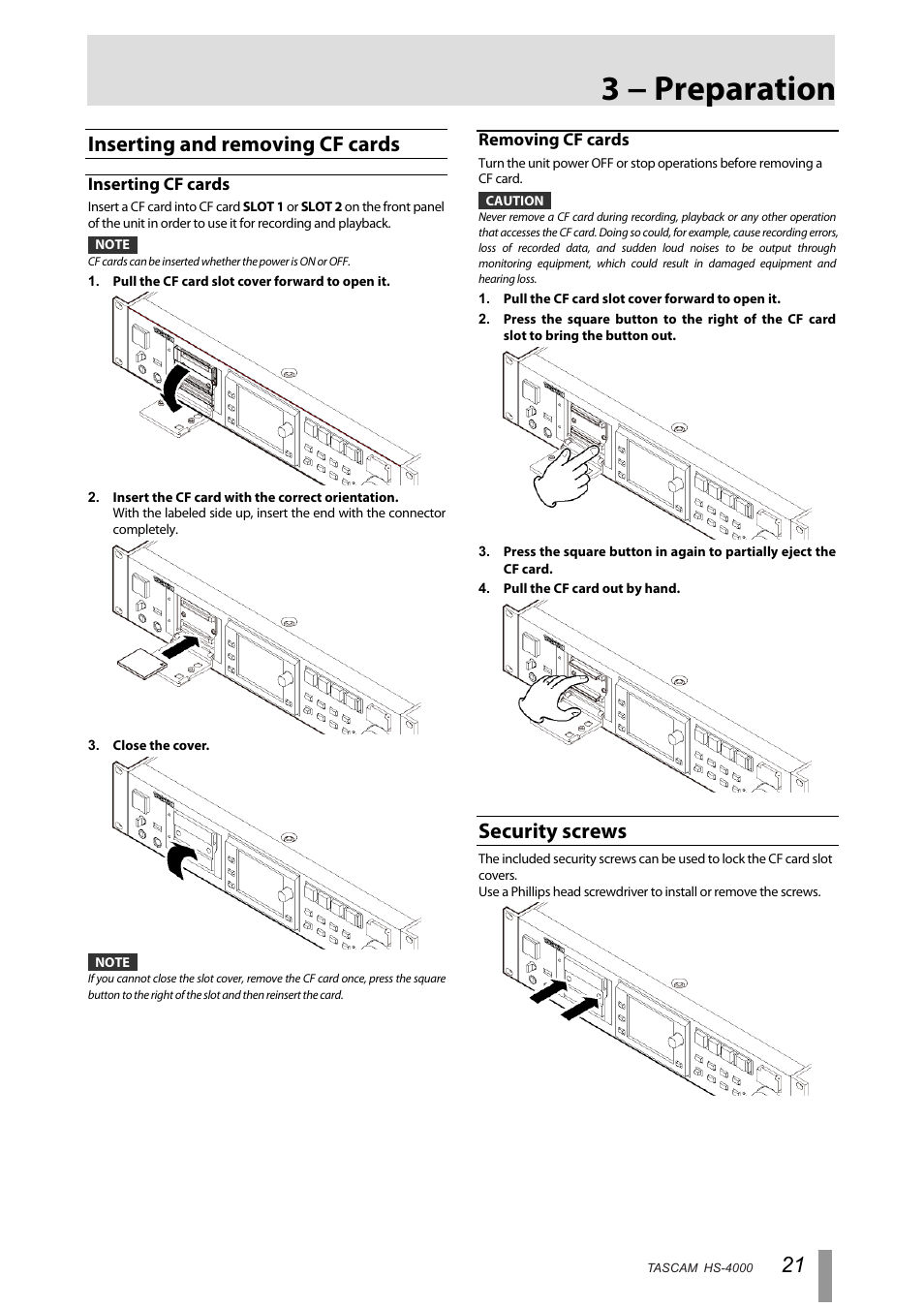 Inserting and removing cf cards, Inserting cf cards, Removing cf cards | Security screws, 3 − preparation | Tascam HS-4000 User Manual | Page 21 / 108