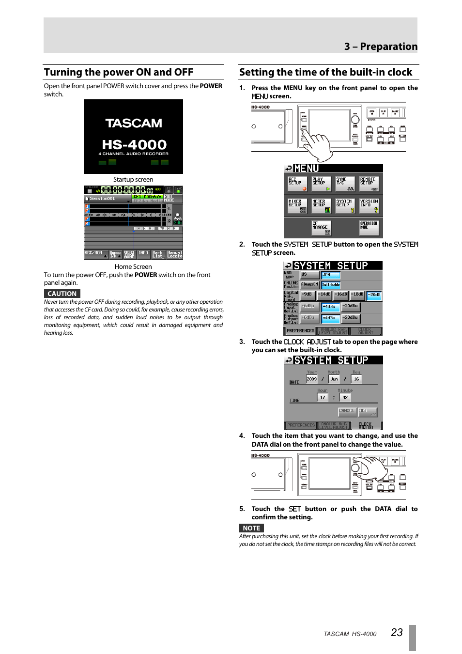 Turning the power on and off, Setting the time of the built-in clock, 3 – preparation | Tascam HS-4000 User Manual | Page 23 / 108