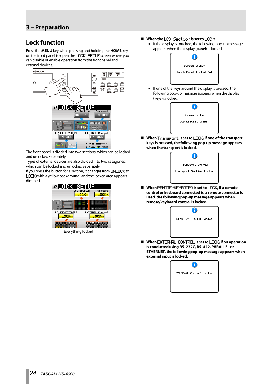 Lock function, 3 – preparation | Tascam HS-4000 User Manual | Page 24 / 108