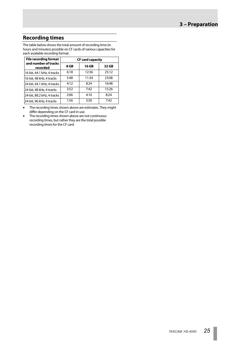 Recording times, 3 – preparation | Tascam HS-4000 User Manual | Page 25 / 108