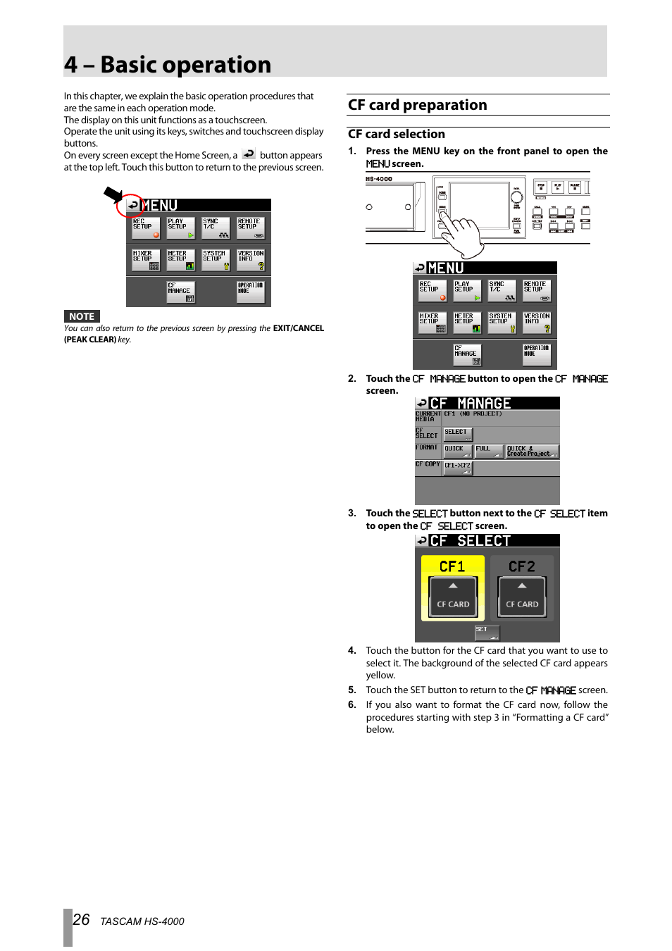 4 – basic operation, Cf card preparation, Cf card selection | Tascam HS-4000 User Manual | Page 26 / 108