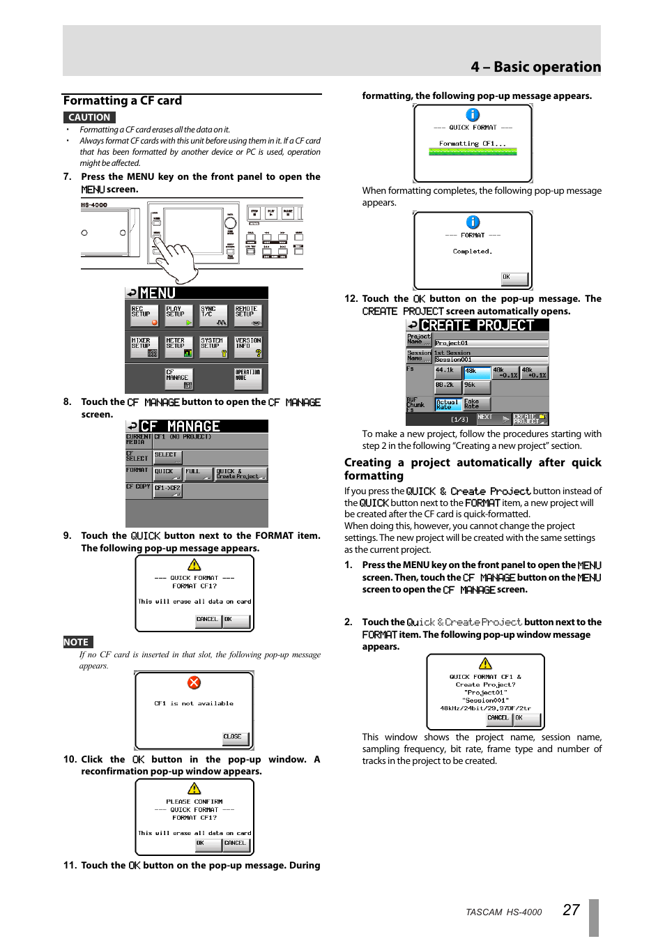 Formatting a cf card, 4 – basic operation | Tascam HS-4000 User Manual | Page 27 / 108