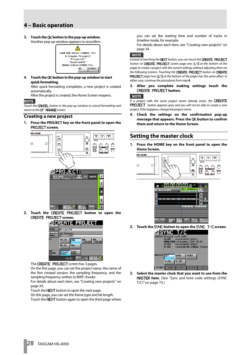 Creating a new project, Setting the master clock, 4 – basic operation | Tascam HS-4000 User Manual | Page 28 / 108