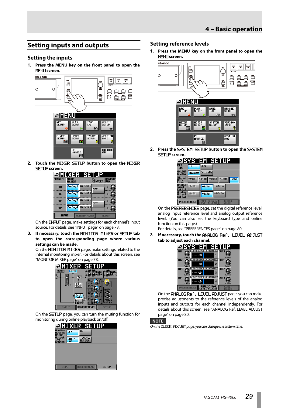 Setting inputs and outputs, Setting the inputs, Setting reference levels | 4 – basic operation | Tascam HS-4000 User Manual | Page 29 / 108