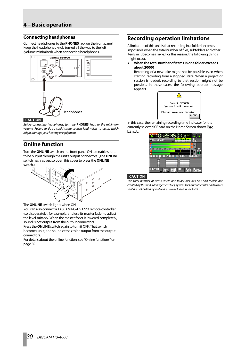 Connecting headphones, Online function, Recording operation limitations | 4 – basic operation | Tascam HS-4000 User Manual | Page 30 / 108