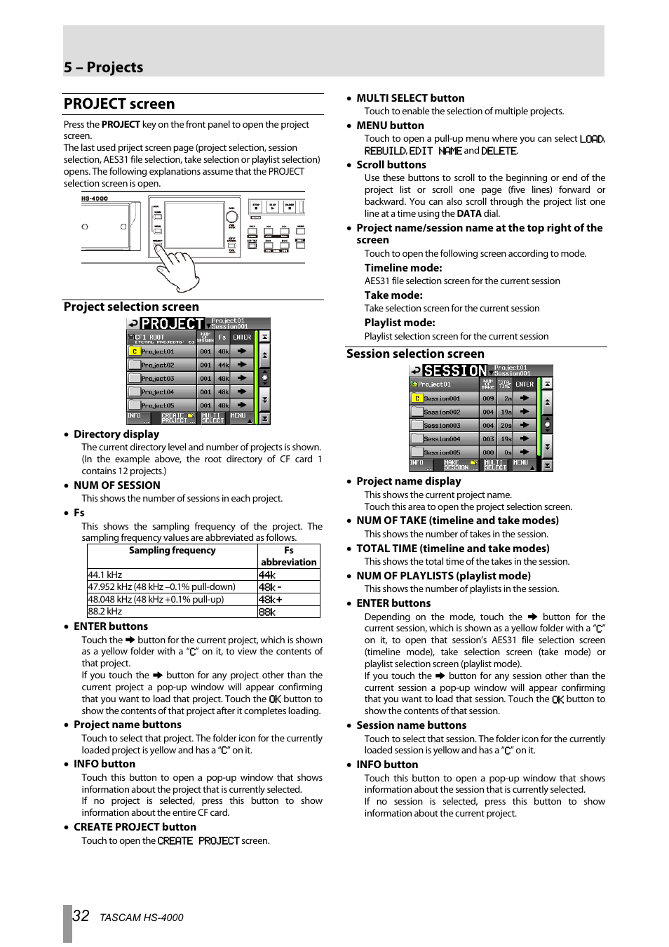 Project screen, Project selection screen, Session selection screen | 5 – projects | Tascam HS-4000 User Manual | Page 32 / 108