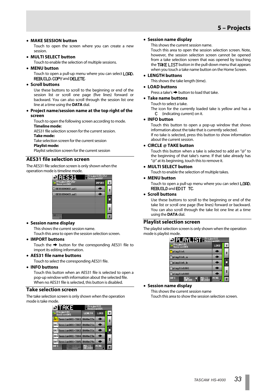 Aes31 file selection screen, Take selection screen, Playlist selection screen | 5 – projects | Tascam HS-4000 User Manual | Page 33 / 108