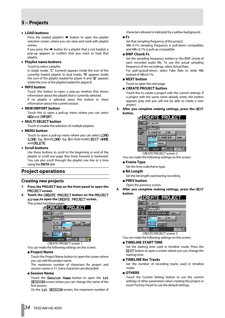 Project operations, Creating new projects, 5 – projects | Tascam HS-4000 User Manual | Page 34 / 108