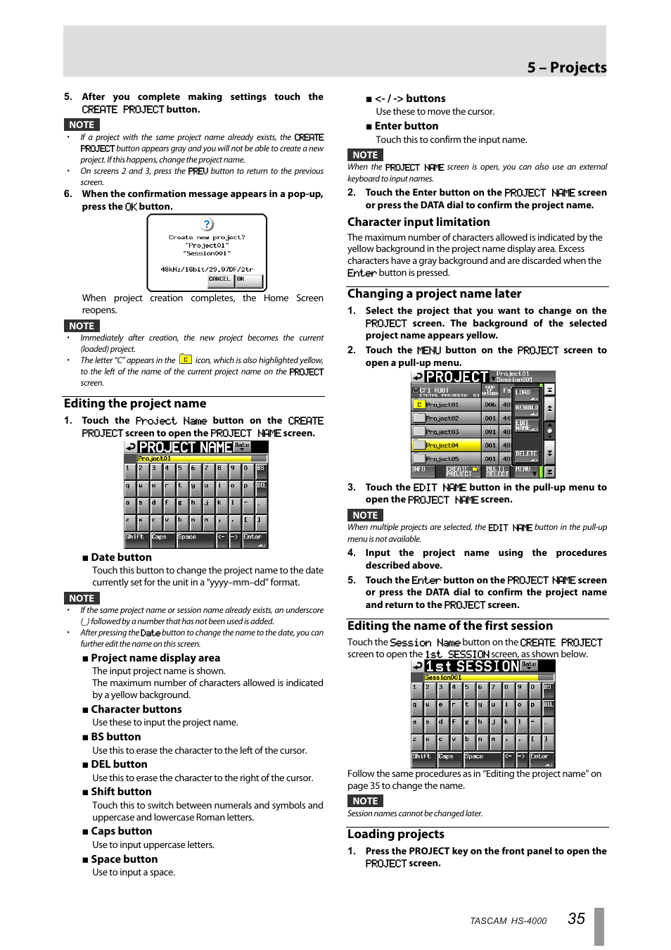 Editing the project name, Changing a project name later, Editing the name of the first session | Loading projects, 5 – projects | Tascam HS-4000 User Manual | Page 35 / 108