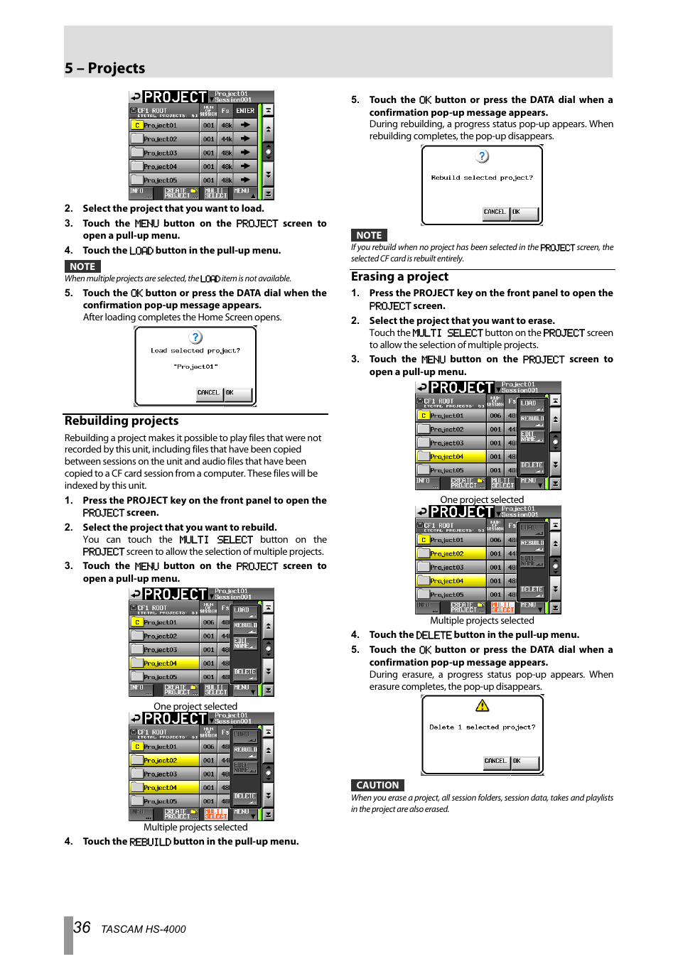 Rebuilding projects, Erasing a project, 5 – projects | Tascam HS-4000 User Manual | Page 36 / 108