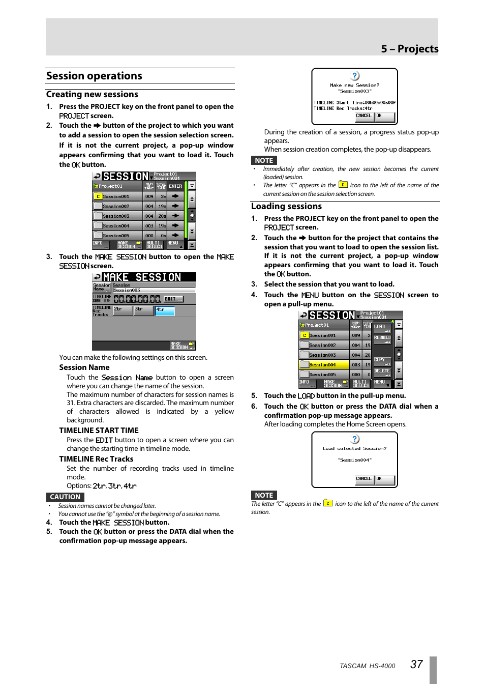 Session operations, Creating new sessions, Loading sessions | 5 – projects | Tascam HS-4000 User Manual | Page 37 / 108