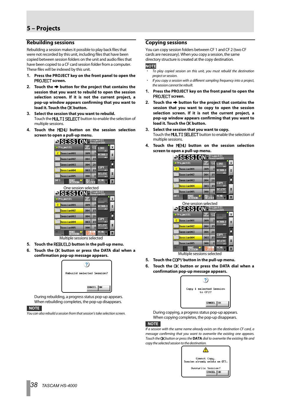 Rebuilding sessions, Copying sessions, 5 – projects | Tascam HS-4000 User Manual | Page 38 / 108