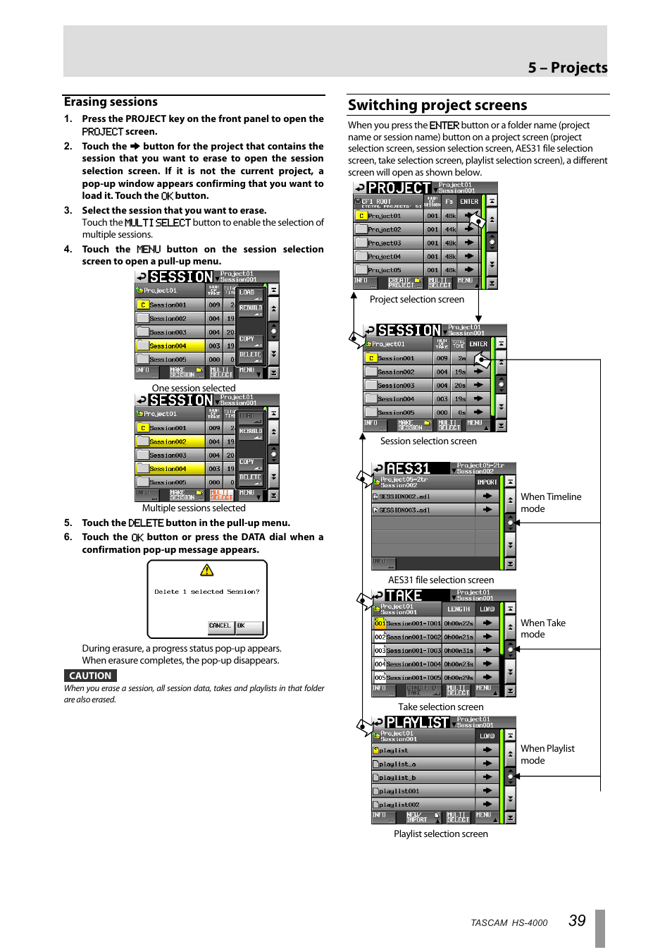 Erasing sessions, Switching project screens, 5 – projects | Tascam HS-4000 User Manual | Page 39 / 108