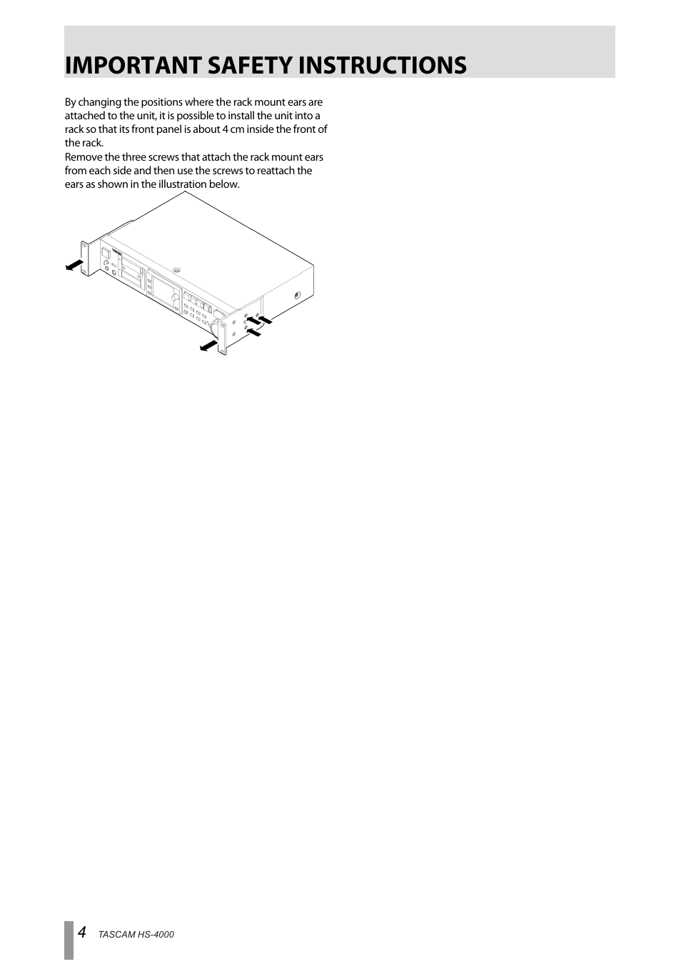 Important safety instructions | Tascam HS-4000 User Manual | Page 4 / 108