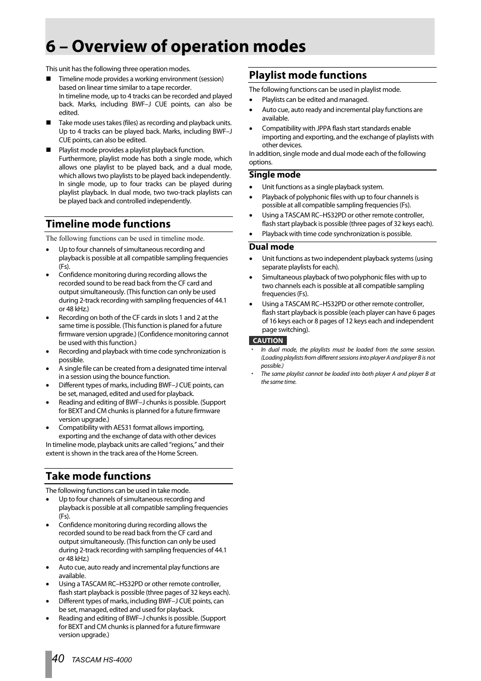 6 – overview of operation modes, Timeline mode functions, Take mode functions | Playlist mode functions, Single mode, Dual mode | Tascam HS-4000 User Manual | Page 40 / 108