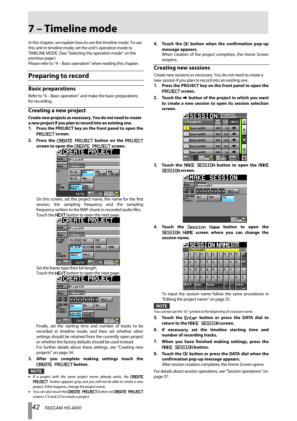 7 – timeline mode, Preparing to record, Basic preparations | Creating a new project, Creating new sessions | Tascam HS-4000 User Manual | Page 42 / 108