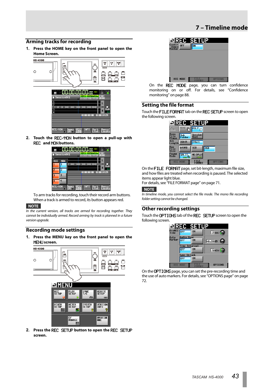 Arming tracks for recording, Recording mode settings, Setting the file format | Other recording settings, 7 – timeline mode | Tascam HS-4000 User Manual | Page 43 / 108