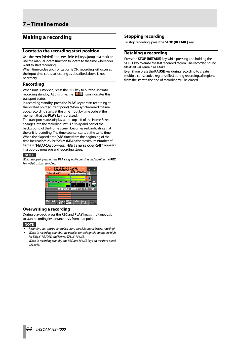 Making a recording, Locate to the recording start position, Recording | Stopping recording, Retaking a recording, 7 – timeline mode | Tascam HS-4000 User Manual | Page 44 / 108