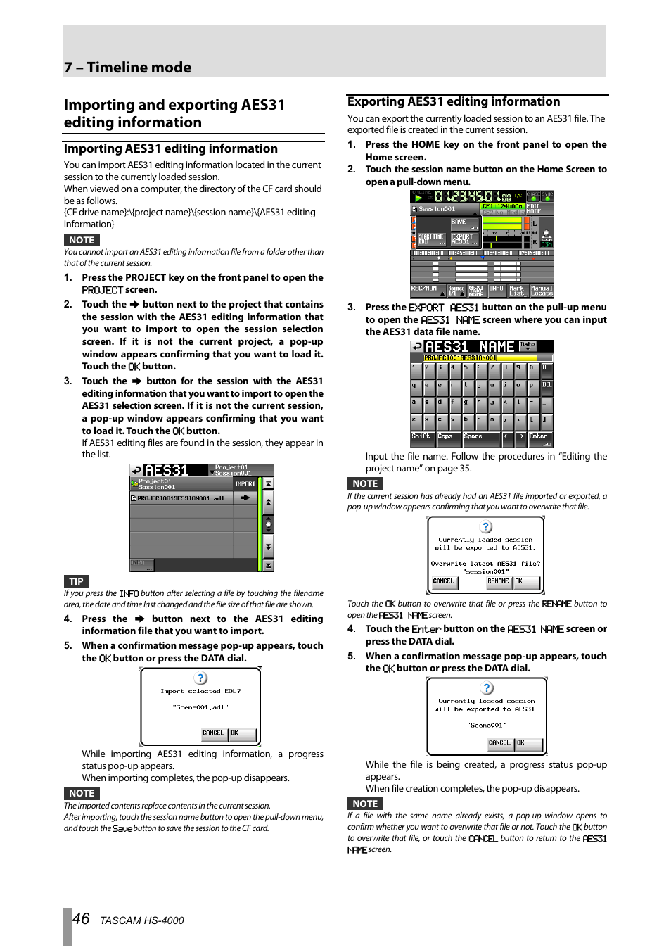 Importing and exporting aes31 editing information, Importing aes31 editing information, Exporting aes31 editing information | 7 – timeline mode | Tascam HS-4000 User Manual | Page 46 / 108