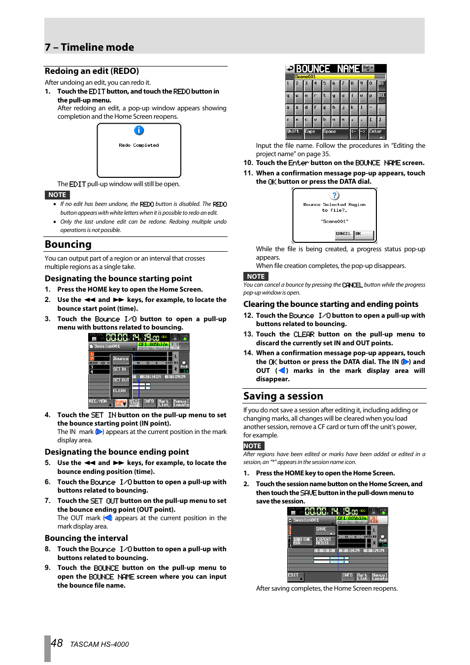 Redoing an edit (redo), Bouncing, Saving a session | 7 – timeline mode | Tascam HS-4000 User Manual | Page 48 / 108